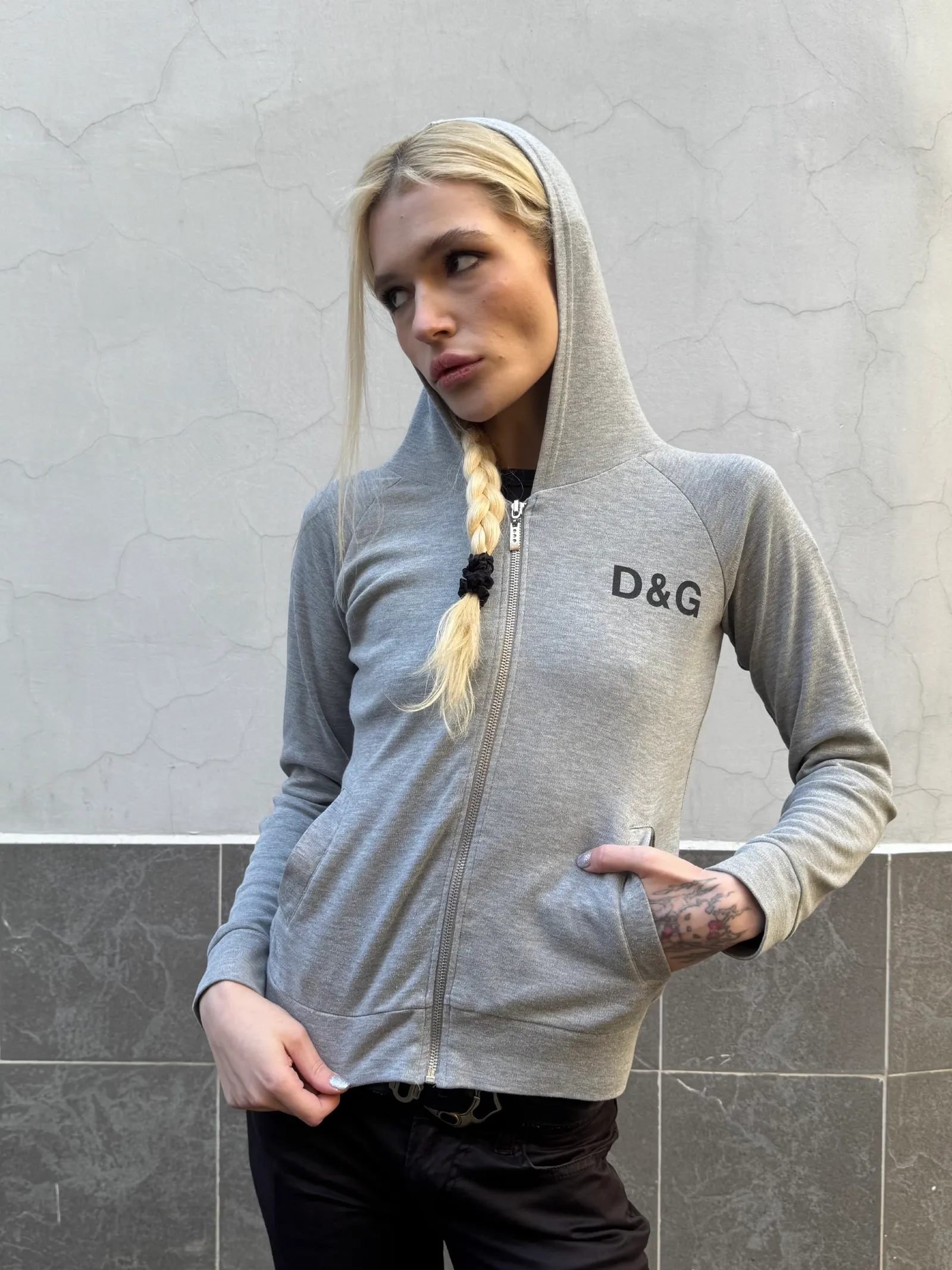 Dolce & Gabbana Grey Logo Print Zip-Up Hoodie