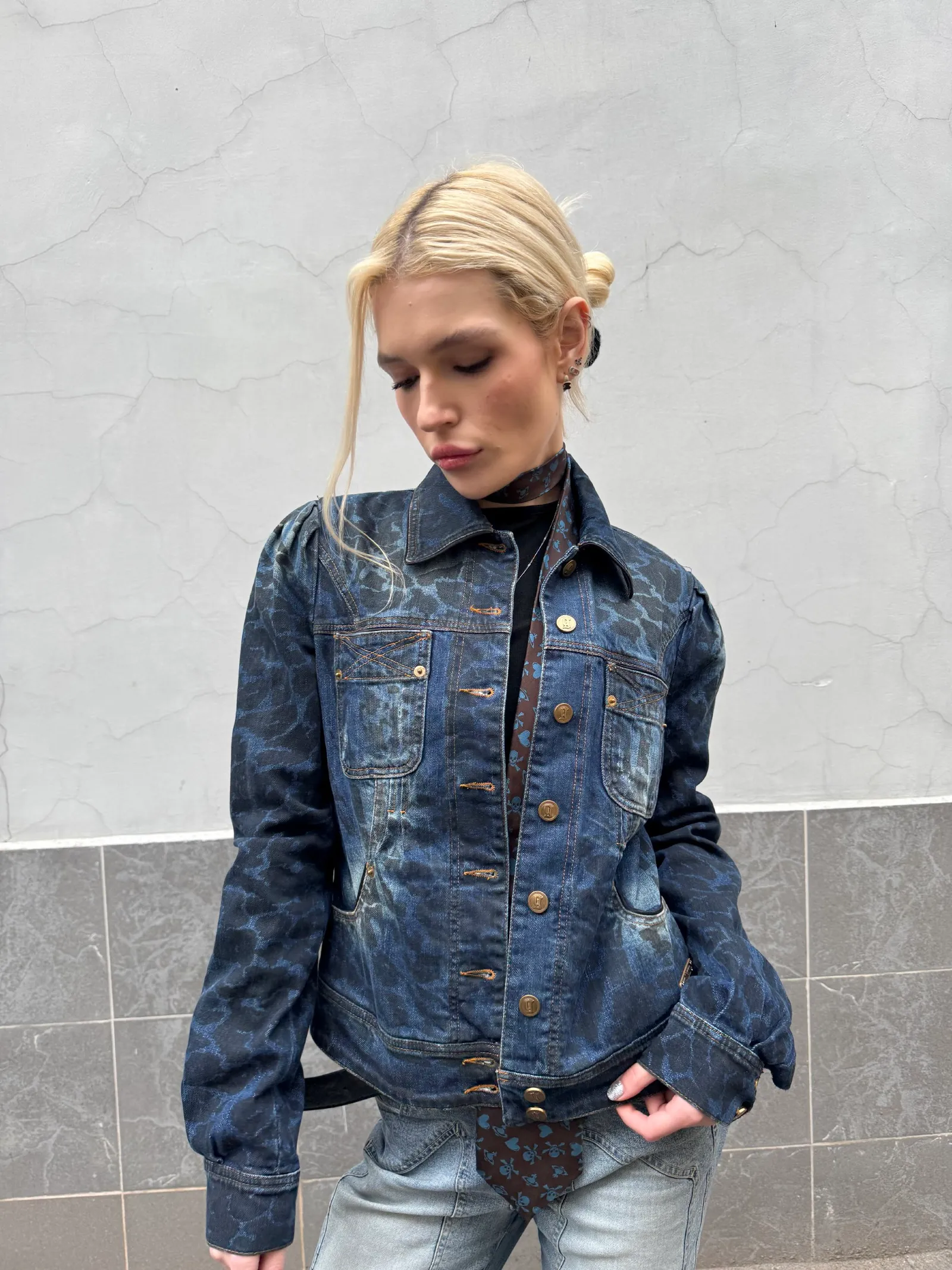 Galliano by John Galliano Leopard Print Denim Jacket with Puff Sleeves