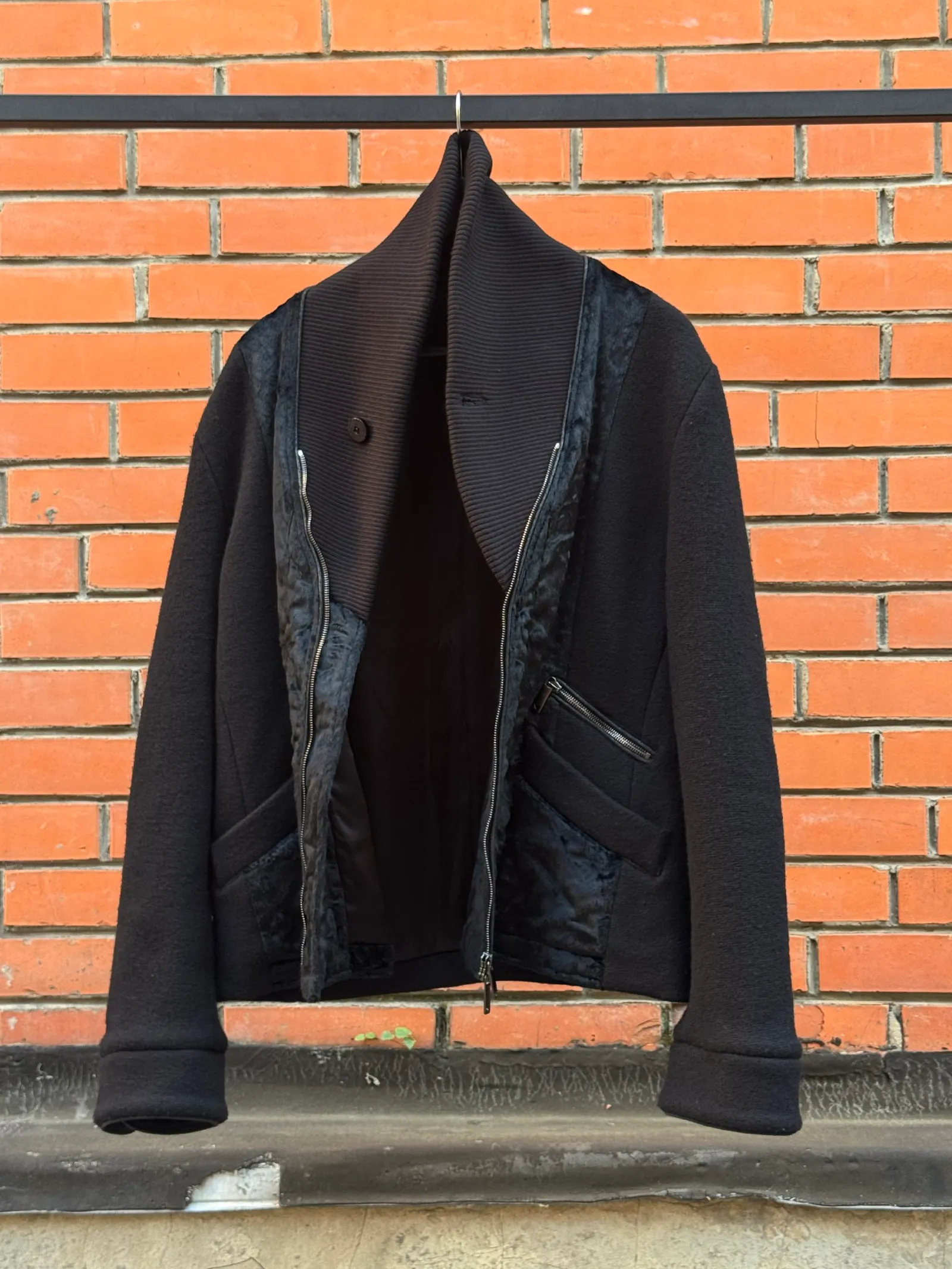 Armani Mixed-Fabric Wool & Velvet Panel Zip Jacket with Ribbed Shawl Collar