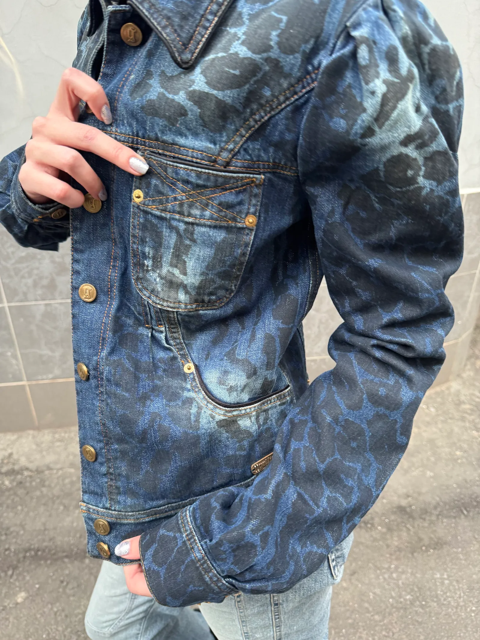 Galliano by John Galliano Leopard Print Denim Jacket with Puff Sleeves