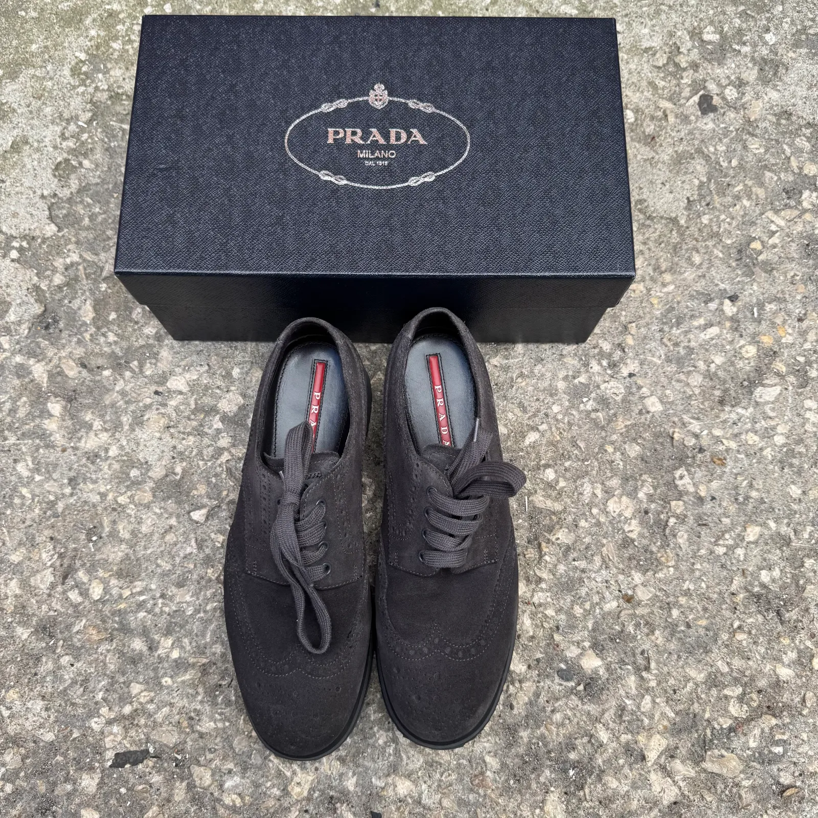 Prada Dark Grey Suede Brogue Oxford Sneakers