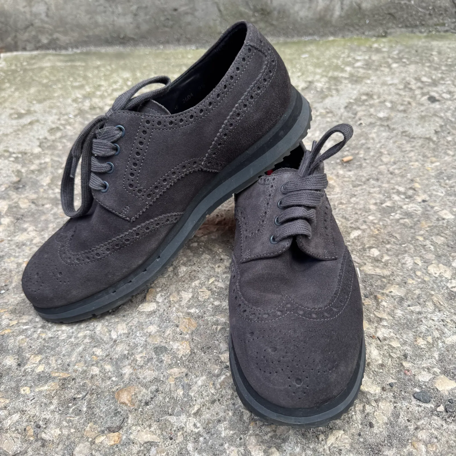 Prada Dark Grey Suede Brogue Oxford Sneakers