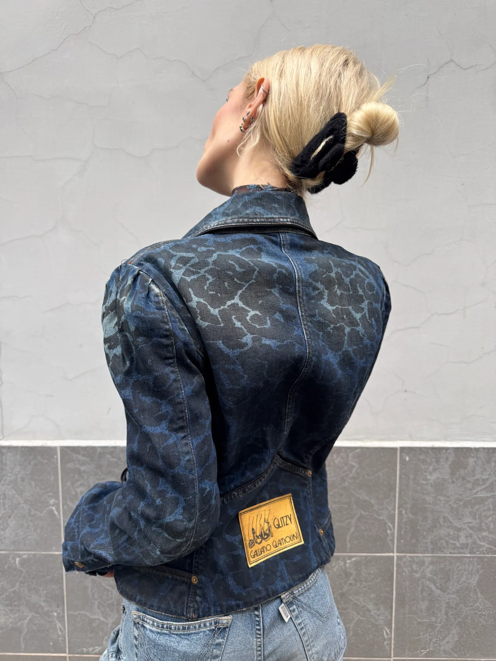 Galliano by John Galliano Leopard Print Denim Jacket with Puff Sleeves