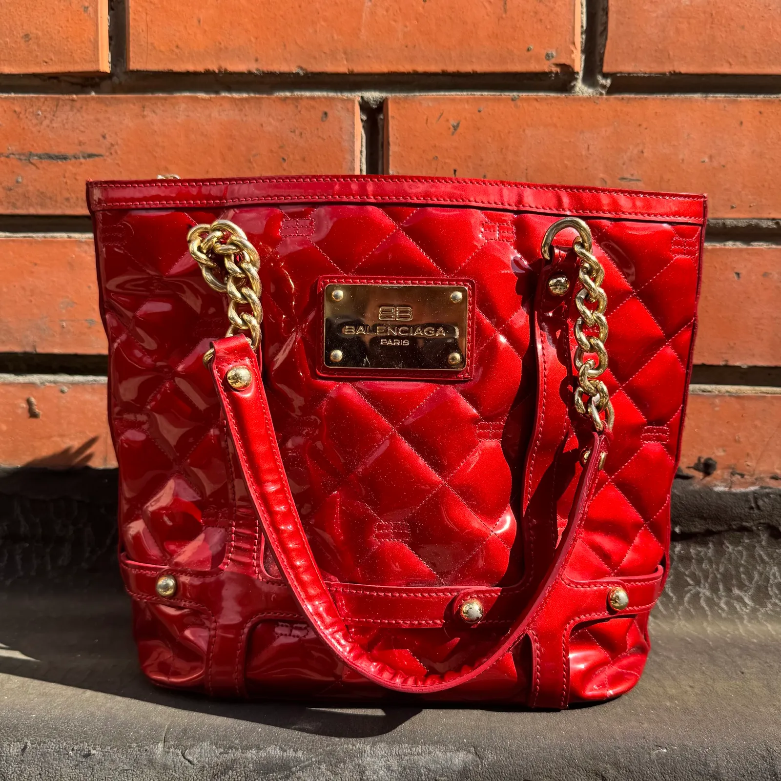 Balenciaga Quilted Patent Leather Chain Tote Bag