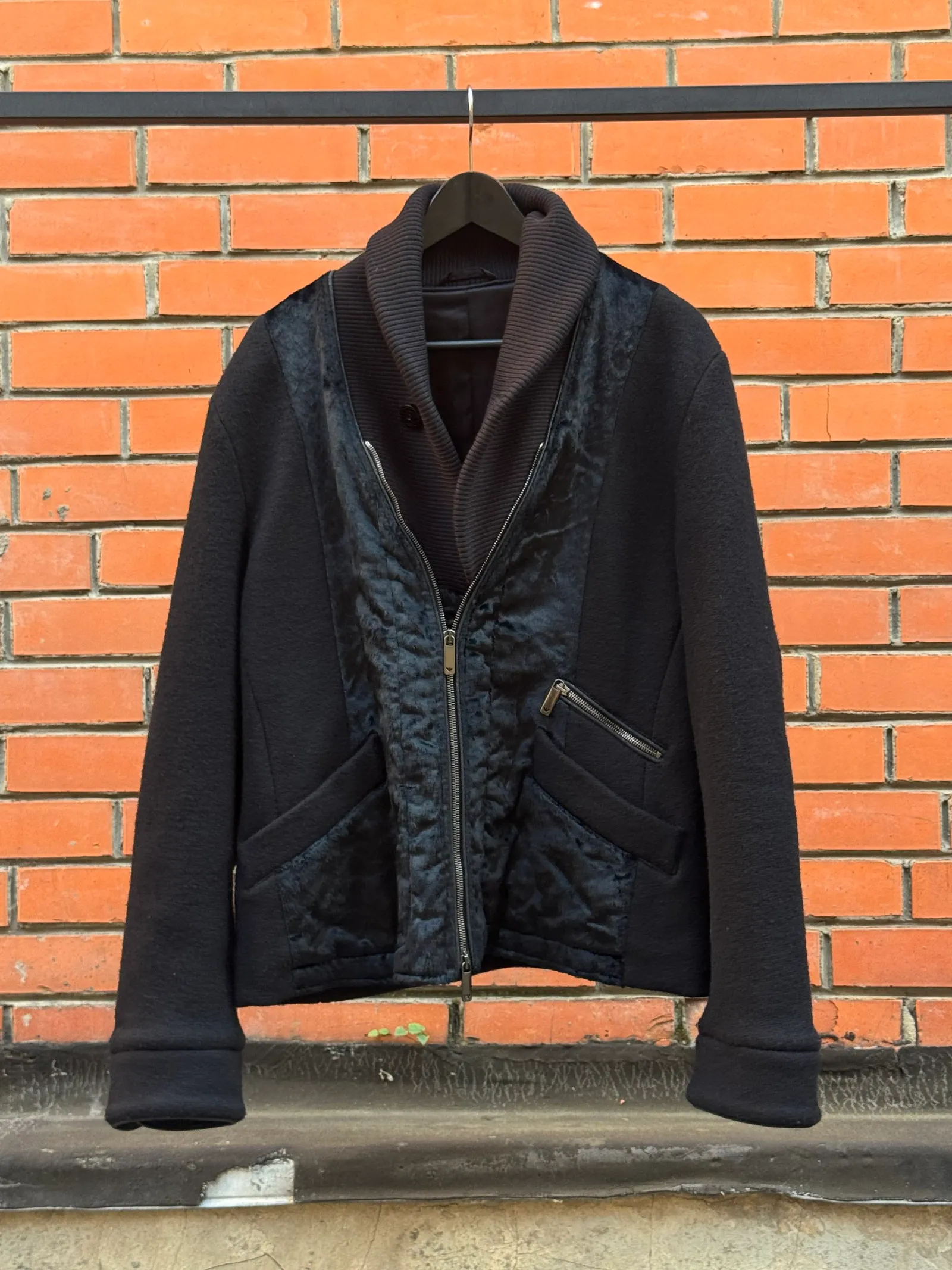 Armani Mixed-Fabric Wool & Velvet Panel Zip Jacket with Ribbed Shawl Collar